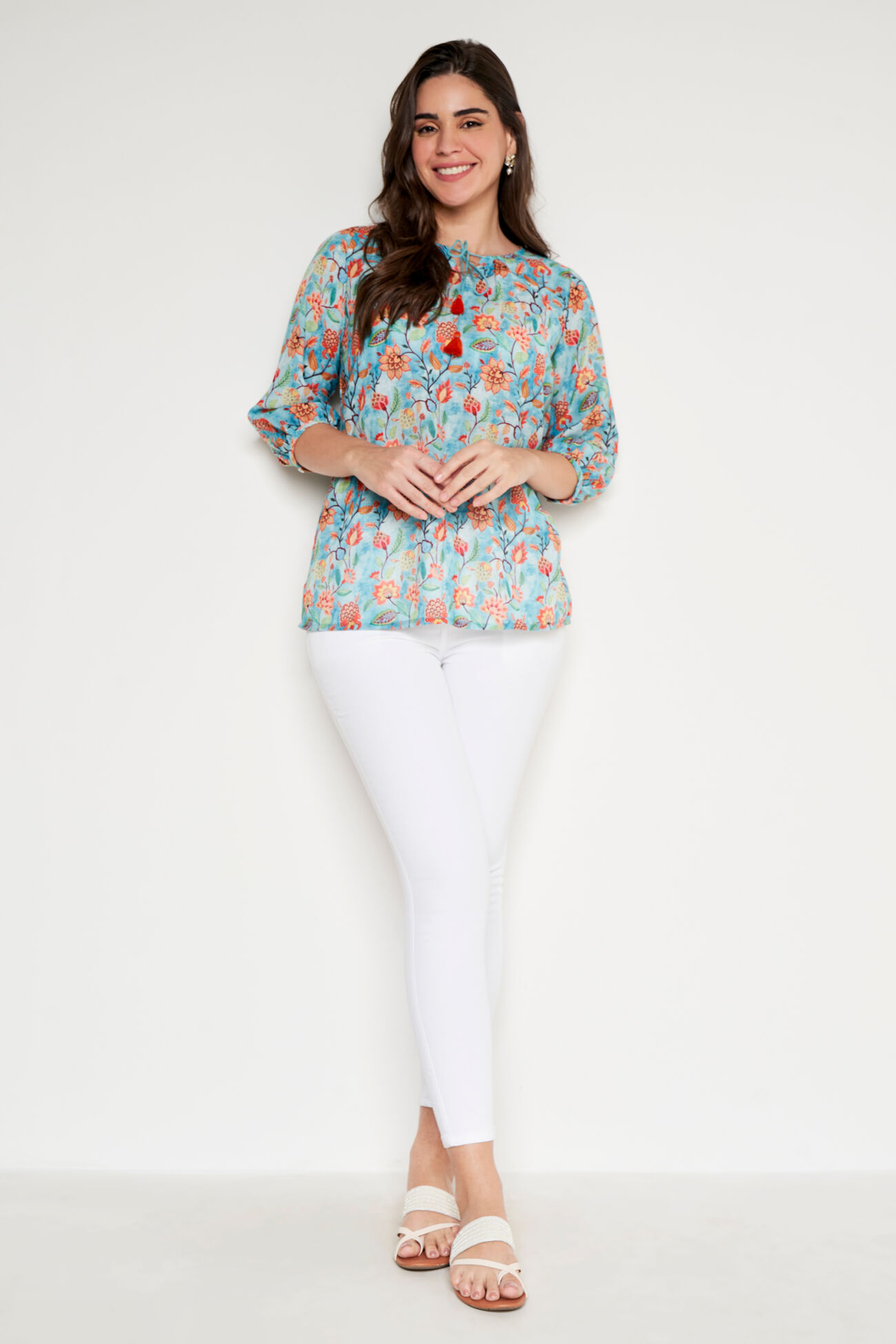 Teal Floral Flared Top, Teal, image 1